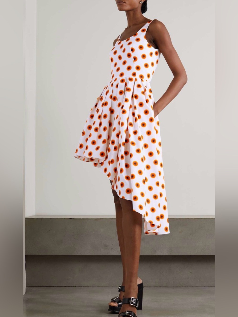 White Asymmetric Sunflower-Print Midi Dress
